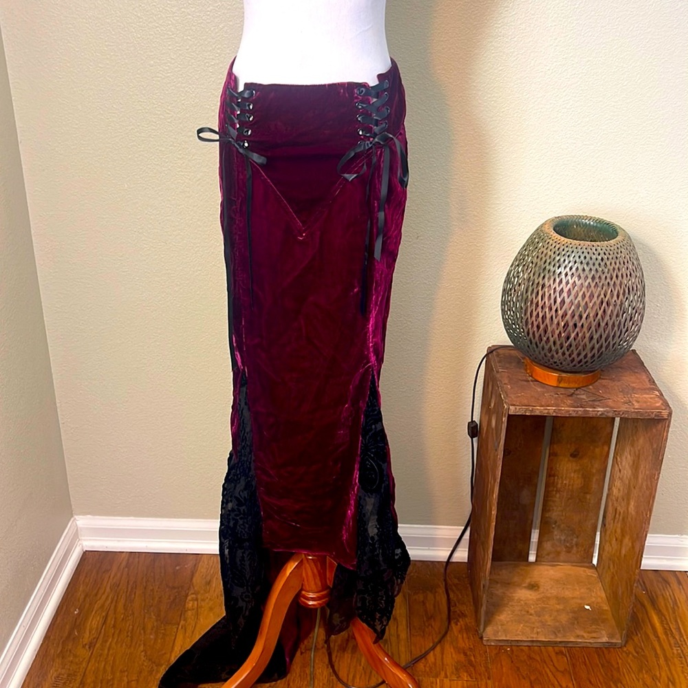 NWOT LIP SERVICE burgundy velvet long skirt